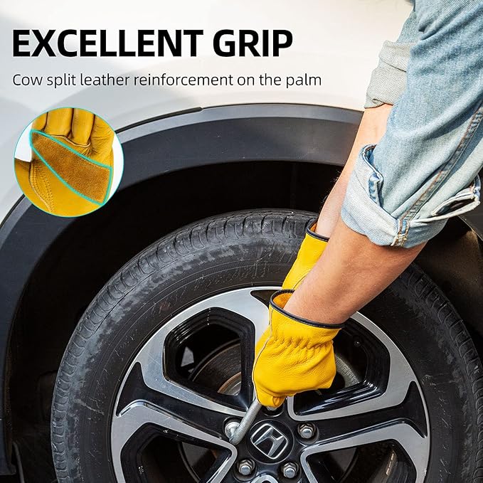 Vgo... 1-Pair Unlined Cow Grain Leather Work and Driver Gloves with Cow Split Leather Palm Patch (Size S, Gold,CA9590)