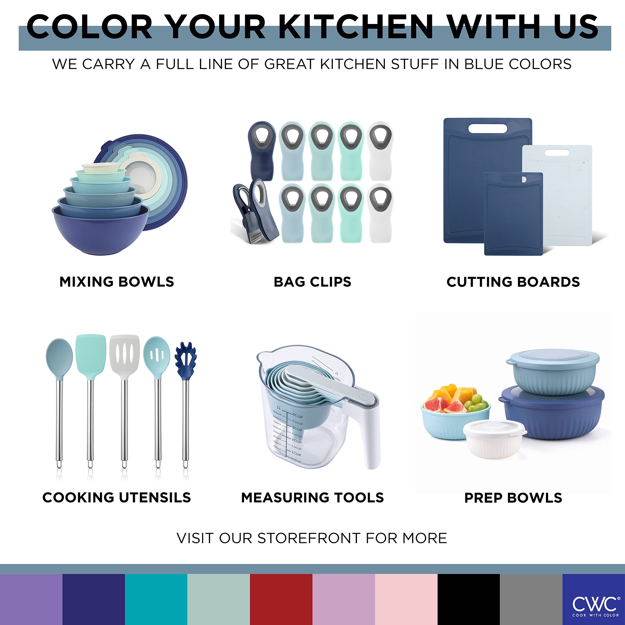COOK WITH COLOR Prep Bowls with Lids- Wide and Deep Nesting Plastic Small Mixing Bowl Set with Lids, 8 Piece Set - Deep Bowls, Blue