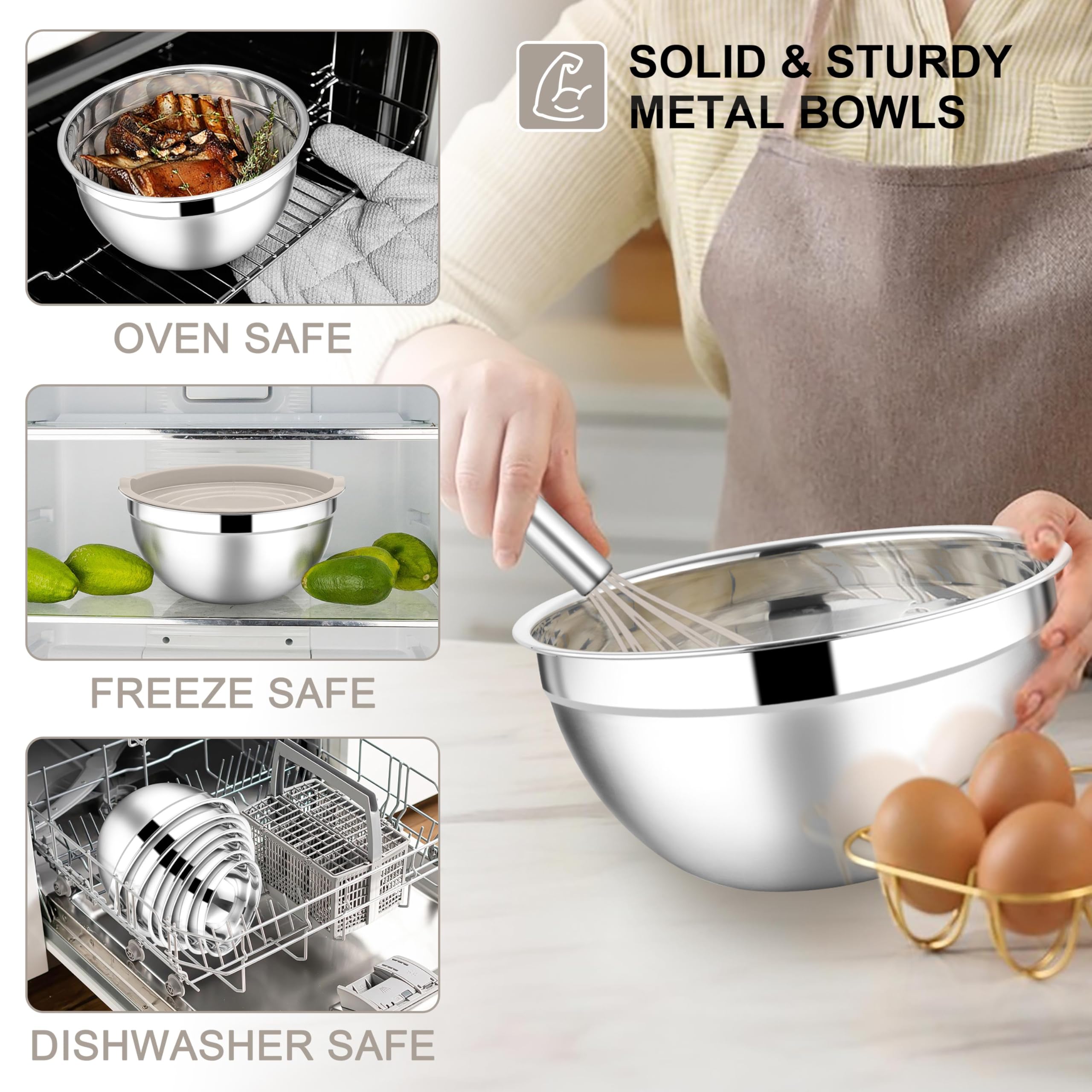 E-far Mixing Bowls with Lids Set, 21PCS Stainless Steel Mixing Salad Bowls with 3 Grater Attachments, Size 7, 4.6, 3.5, 2.6, 2, 1.5, 1QT, Nesting Design & Khaki Airtight Lid, For Baking/Prepping