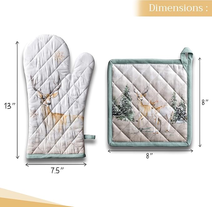 Maison d' Hermine 100% Cotton Oven Mitt & Pot Holder Set (7.5"x13" & 8"x8") Heat Resistant BBQ Cooking Gloves with Loop, Baking, Grilling, Kitchen, Handling Hot Pans (Deer in The Woods)