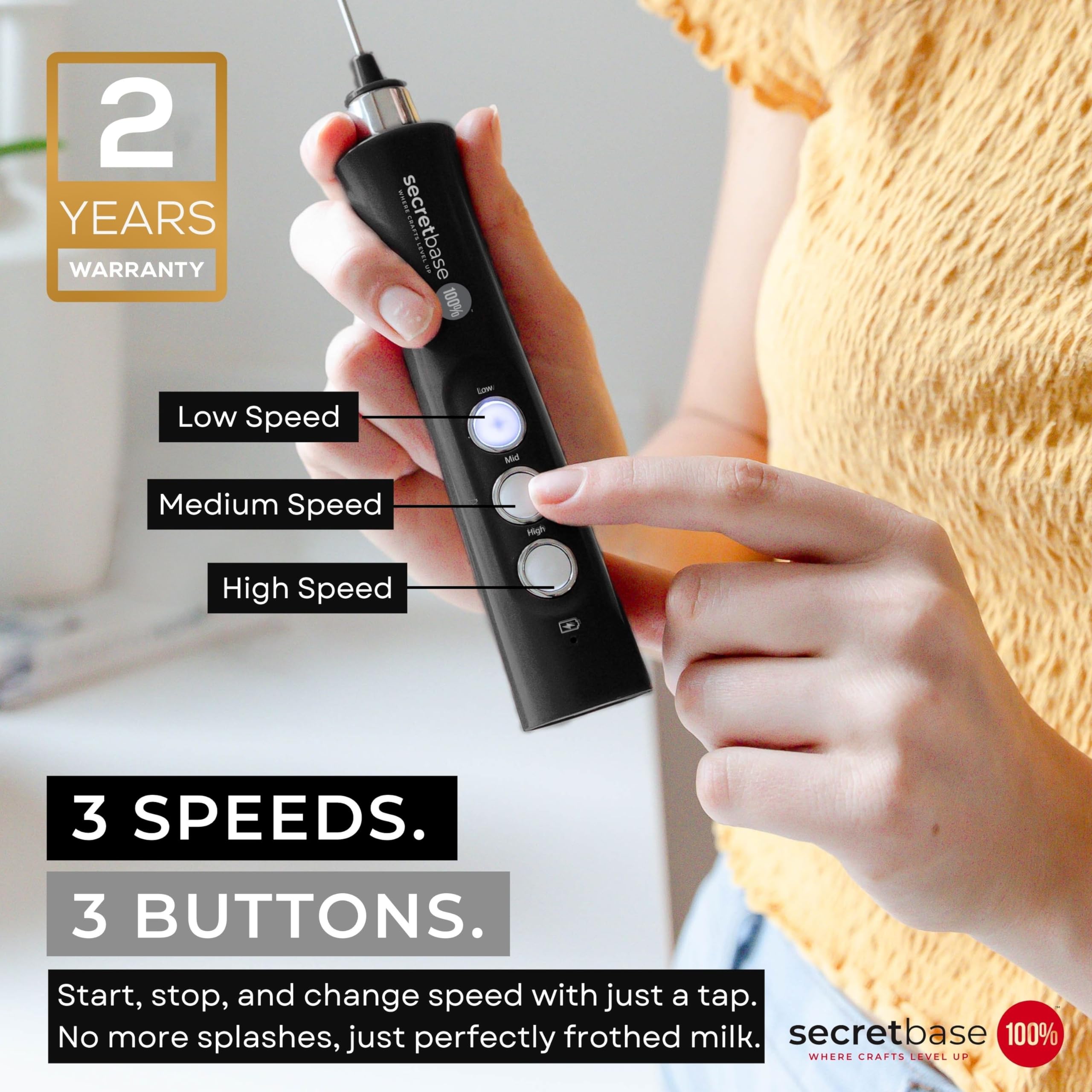 Secretbase Handheld Rechargeable Milk Frother - 3 Speed, USB-C Charging - Stainless Steel Double Whisk for Bulletproof Coffee, Espresso Whipper, Mini Electric Stirrer (Black Frother without Pitcher)