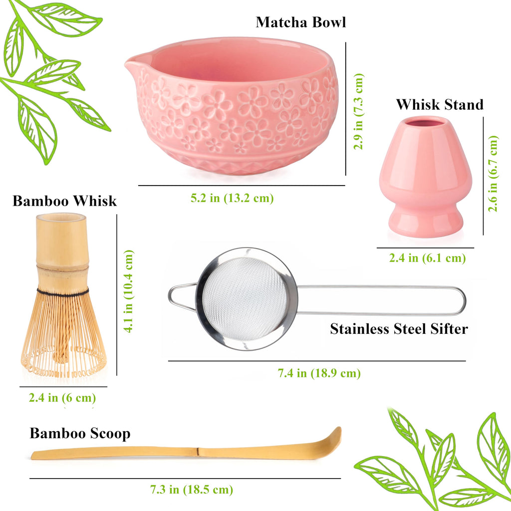 Marce Matcha Whisk Set- Matcha Set includes Matcha Whisk and Bowl with Spout, Sifter, Holder and Scoop- The Perfect Bamboo Whisk for Matcha Tea (Pink Flowers)
