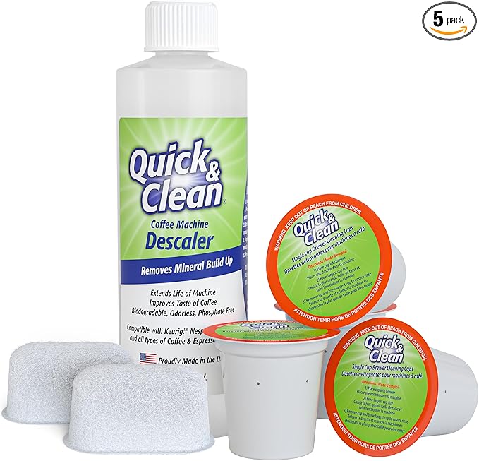 Quick & Clean 4-Pack of Cleaning Cups + 2 Filters with Descaler Bundle (2 Total Uses) - 2.0 Compatible, Descaling Solution for Keurig, Nespresso, Ninja, Delonghi, All Coffee and Espresso Machines…