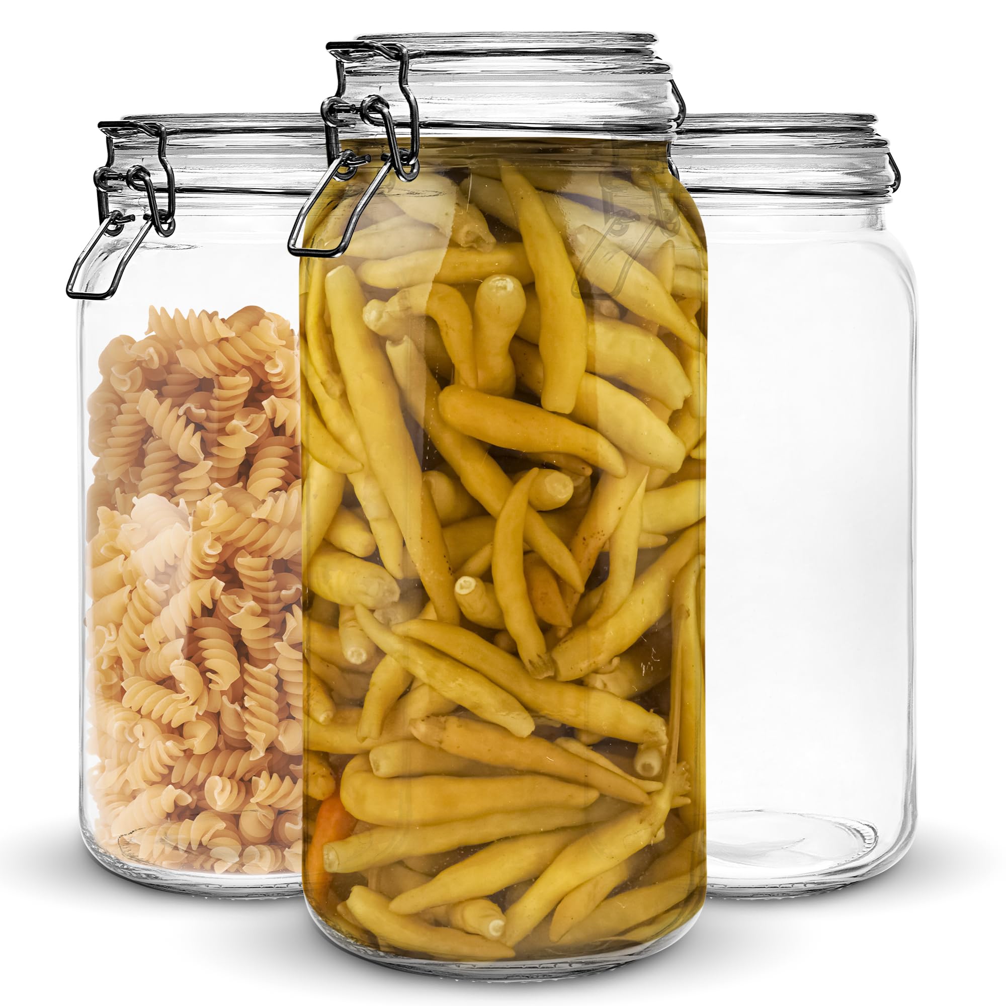 Marbelous Set of 3 Glass Mason Jar 64 Ounces with Airtight Lid Large Jars With Stainless Steel Bail And Trigger Clamps