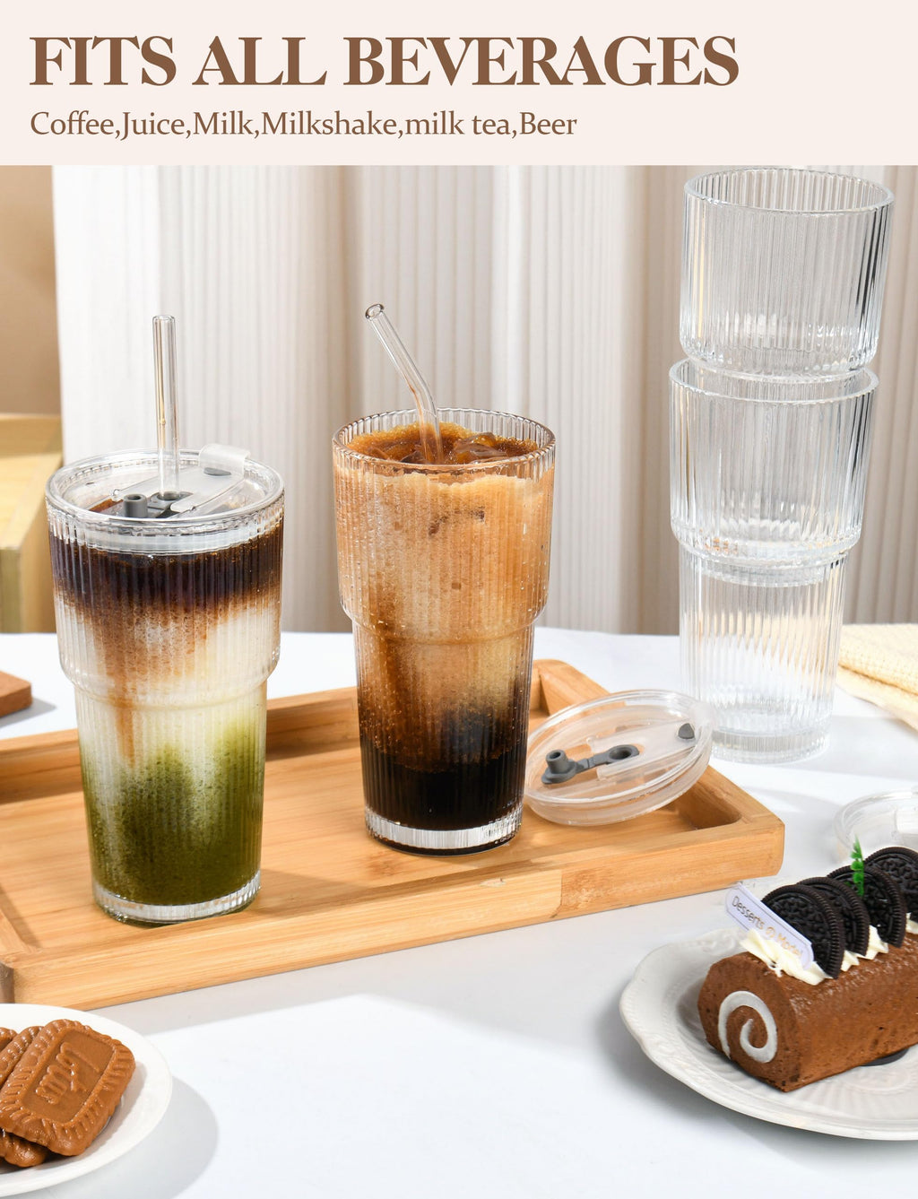 Amyoole 20 oz with Lids and Straws Ribbed Glass Cup Set of 4