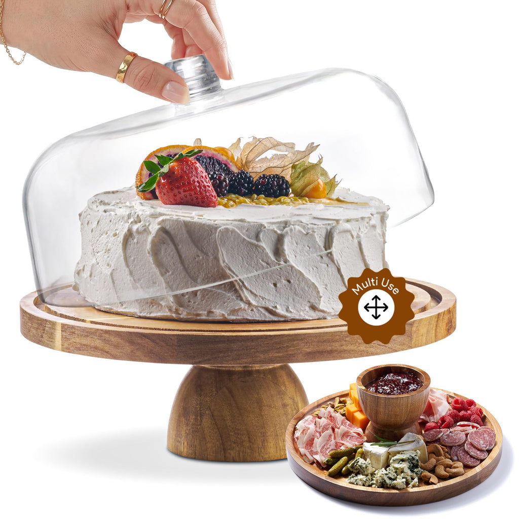 HOMESPHERE Wood Cake Stand with Lid, 2-in-1 Charcuterie Board, Round dome