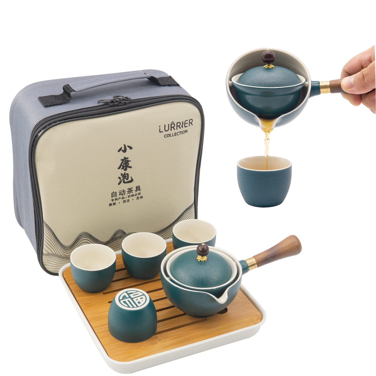 LURRIER Porcelain Chinese Gongfu Tea Set,Portable Teapot Set with 360 Rotation Tea maker and Infuser,Portable All in One Gift Bag for Travel,Home,Gifting,Outdoor and Office (Kitty Cat)