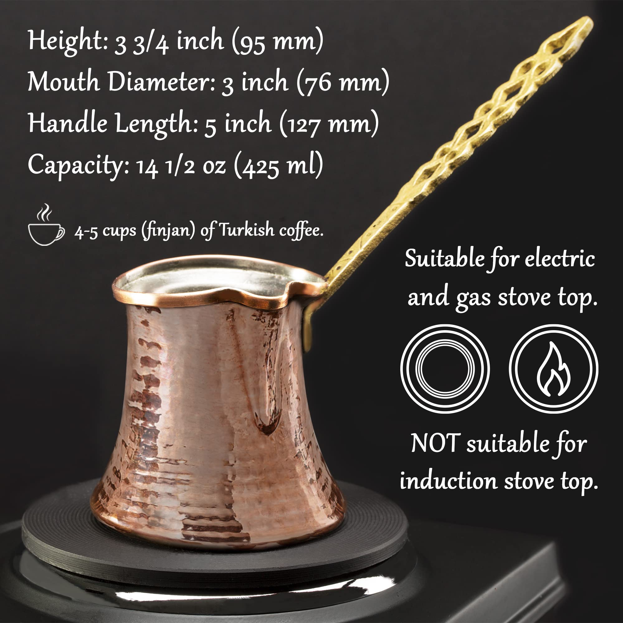 Volarium Turkish Coffee Pot, Greek Arabic Coffee Maker, Hammered Copper Coffee Cezve, Stove Top Coffee Maker (Large)