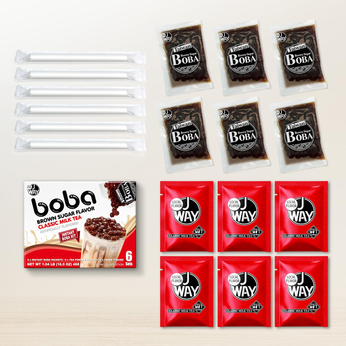 J WAY Instant Boba Bubble Pearl Milk Tea Kit with Authentic Brown Sugar Tapioca Boba, Ready in Under One Minute, Paper Straws Included - 6 Servings