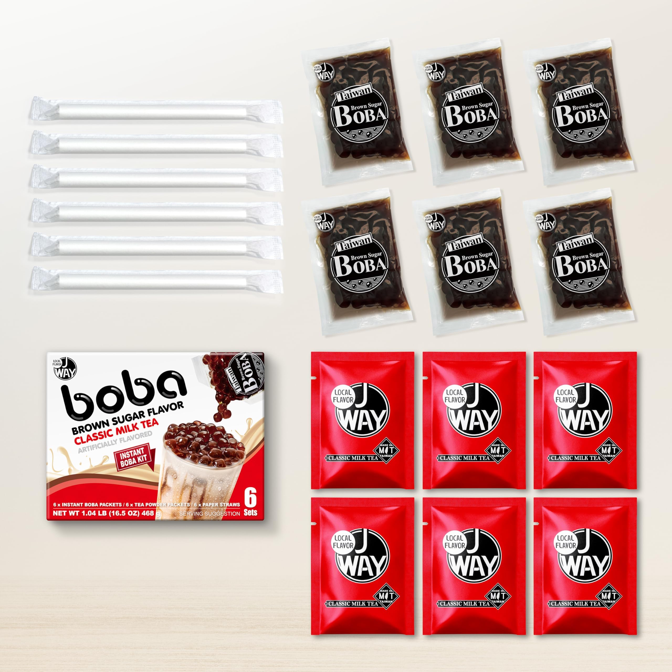 J WAY Instant Boba Bubble Pearl Milk Tea Kit with Authentic Brown Sugar Tapioca Boba, Ready in Under One Minute, Paper Straws Included - 6 Servings