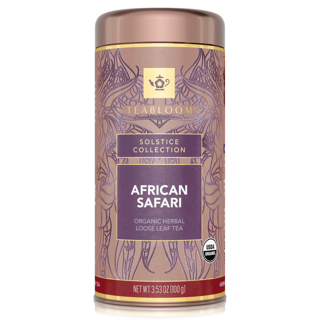 Teabloom Organic Herbal Tea, African Safari Loose Leaf Tea, Sweet Rooibos Blend with Berry Flavors and Vanilla, USDA Certified Organic, Fresh Whole Leaf Blend in Reusable Gift Canister, 3.53 oz/100 g Canister Makes 35-50 Cups