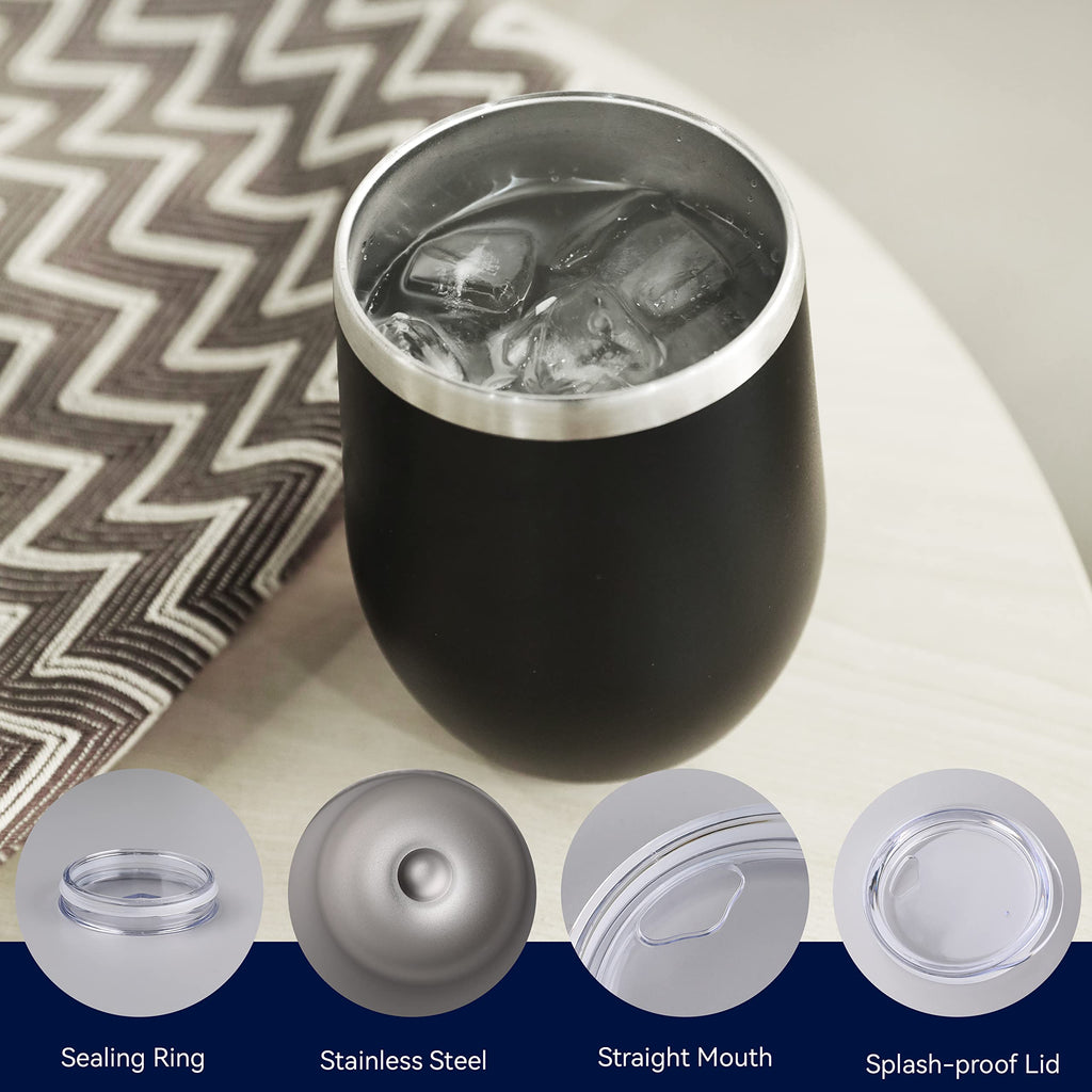 DOMICARE Stainless Steel Wine Tumbler Bulk with Lid, Personalized Insulated Tumblers Set, 12oz Travel Coffee Cups Pack of 4, Black