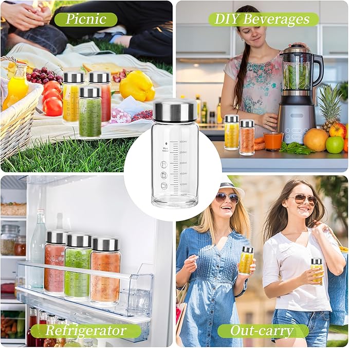 souG 4 Pack 14oz Juice Bottles，Wide Mouth Glass Water Bottles with Lids - for Juicing, Smoothies, Milk, Protein, BPA Free, Reusable, Stainless Steel Lids, Leak Proof, Shaker bottle (14oz/400ml)