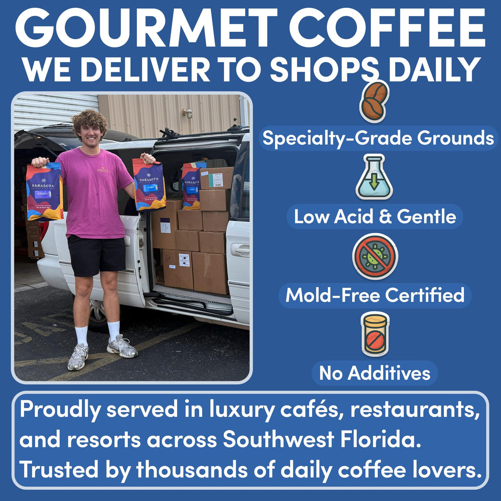 Sarasota Coffee Ground Espresso | Dark Roast Gourmet Coffee Grounds | Low Acid, Mold Free, Specialty Grade, Bulk Ground Espresso Coffee | 5lb (80 oz)