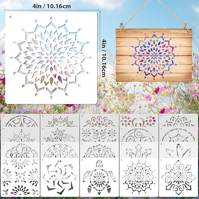 20 Pcs 4x4'' Mandala Stencils for Painting on Wood, Floor, Wall, Tile Fabric, Reusable Furniture Stencils Painting Template Mandala Template for DIY Rock Art Projects Decoration