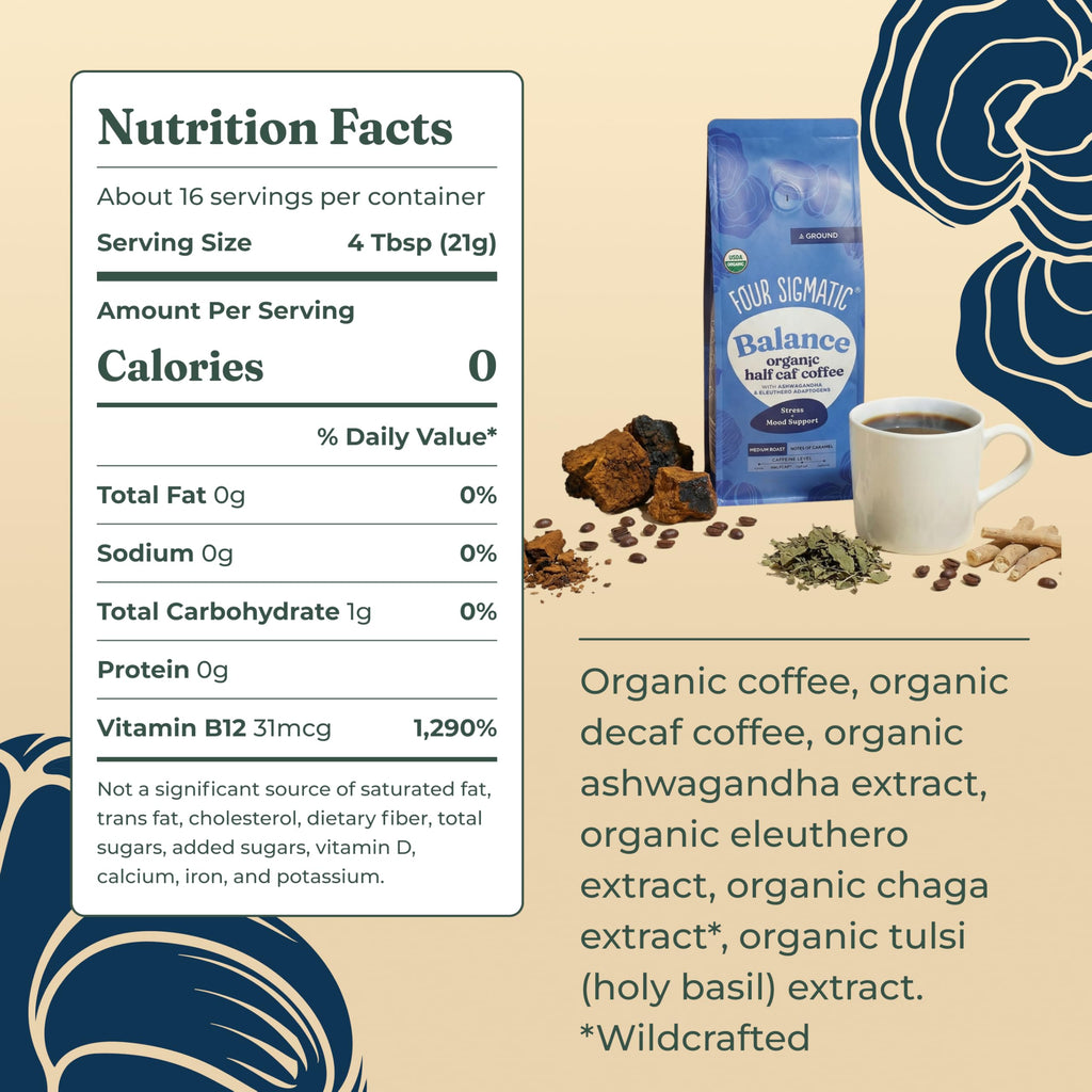 Four Sigmatic Organic Balance Adaptogen Ground Coffee | Medium Roast USDA Organic Coffee with Ashwagandha, Chaga Mushroom, Eleuthero and Tulsi | Focus and Energy Boosting Coffee | 12oz Bag