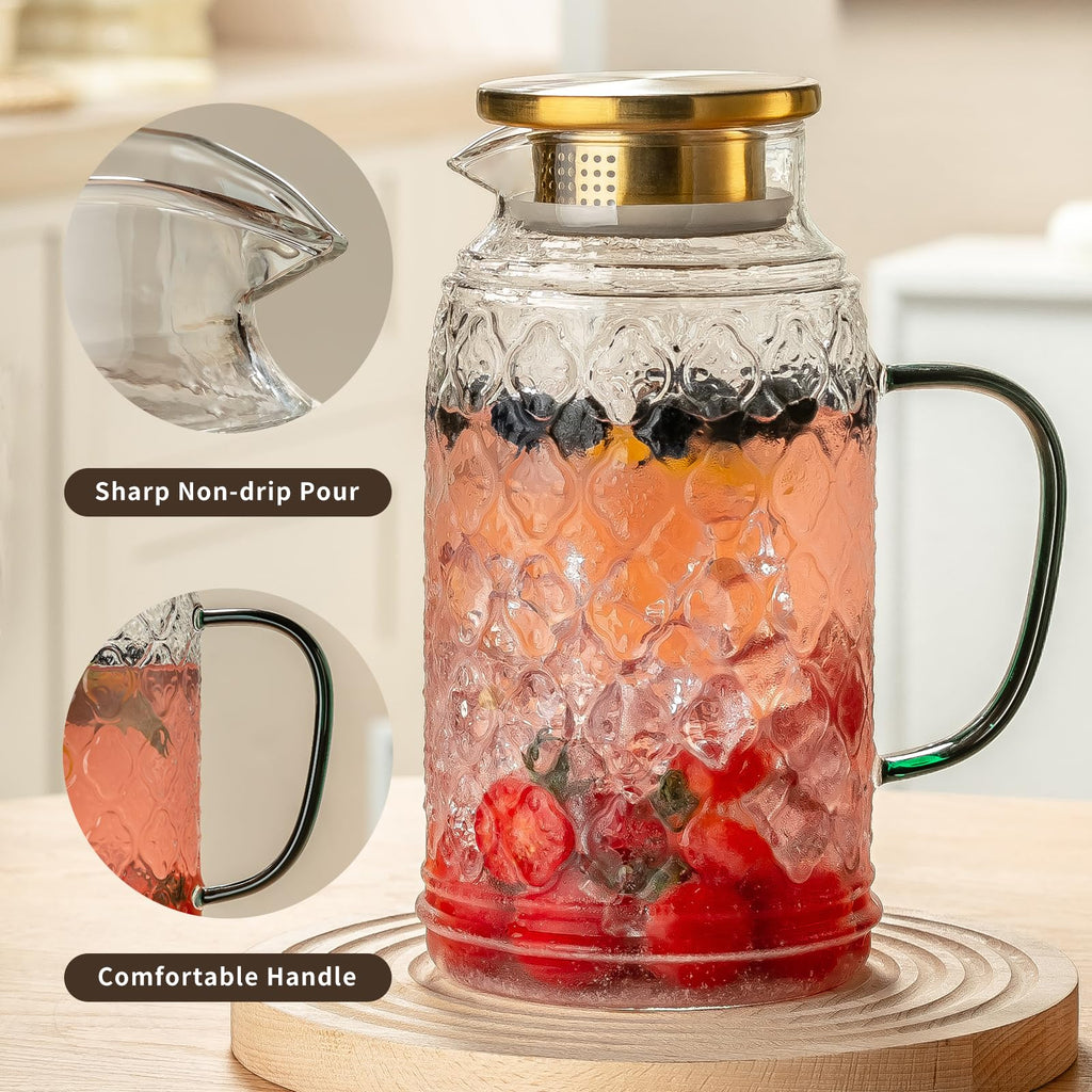 Buaic Glass Pitcher with Lid, 68 oz/2 Liter Vintage Water Pitcher