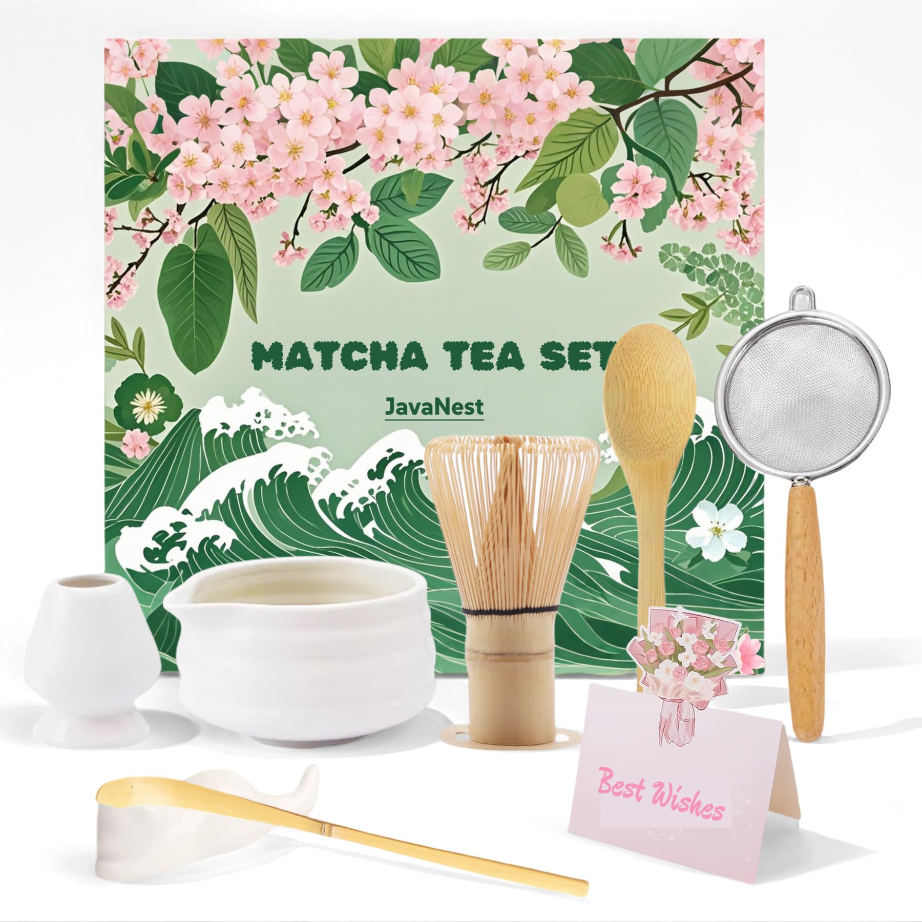 7-Piece Matcha Tea Set with Gift Card – 120-Prong Bamboo Whisk, Ceramic Bowl with Spout, Whisk Holder, Scoop, Spoon, Strainer & Scoop Holder – Ideal Gift for Matcha Lovers (White, 100-Prong)