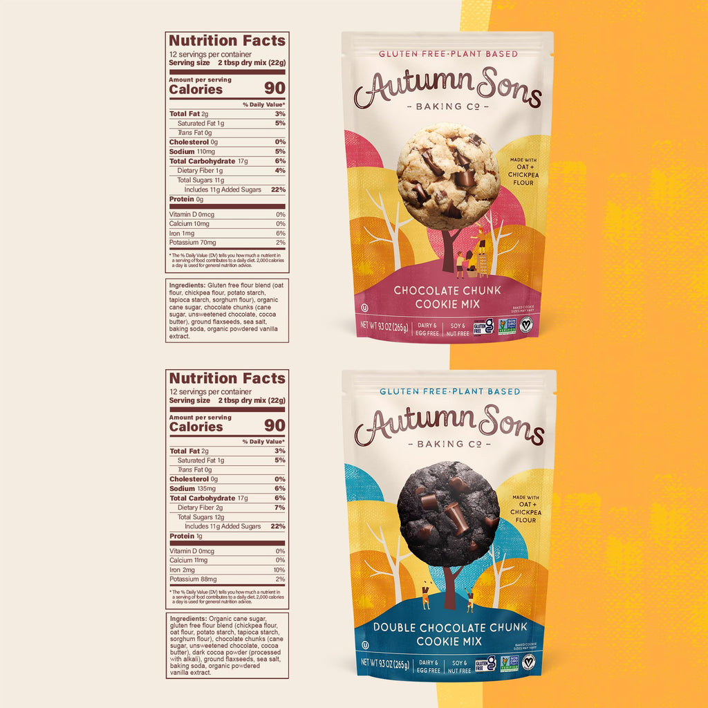 Autumn Sons Baking Co. Gluten Free Chocolate Chunk & Double Chocolate Chunk Cookie Mix Combo Pack. Vegan Plant Based Baking Mix. Top 9 Allergen Free. 9.3 oz (Pack of 2)