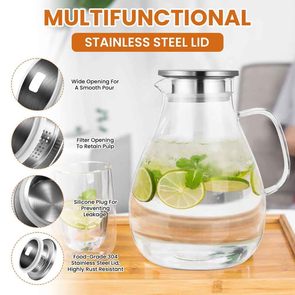 SUSTEAS 3 Litre 101oz Glass Pitcher with Lid and Spout, Handmade Pitcher