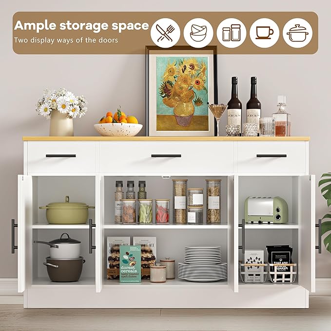Vongrasig 53' Large Sideboard Cabinet with 4 Doors and 3 Drawers, Farmhouse Buffet Table Coffee Bar Kitchen Storage Cabinet, Wood Buffet Table for Kitchen, Dining Room, White