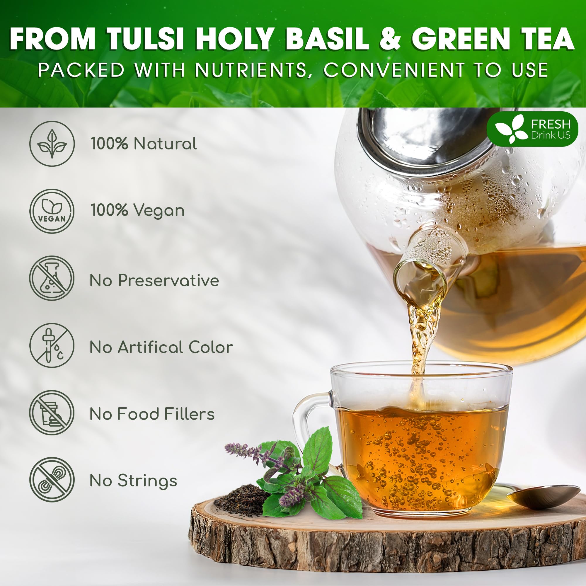 FreshDrinkUS, Premium 75 Tulsi Green Tea Bags, 100% Natural & Pure, Herbal Tea, No Sugar, No Caffeine, No Gluten, Vegan.