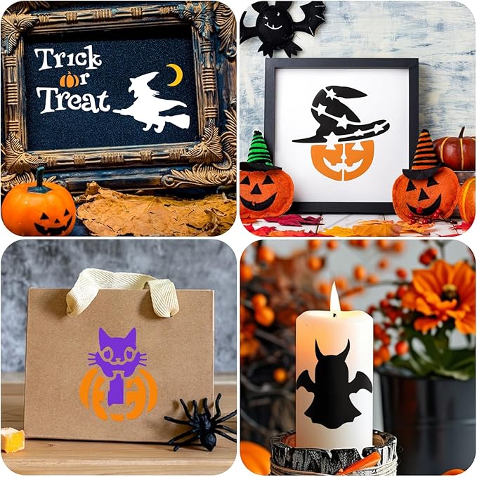 72 PCS 3x3 Inch Halloween Stencils for Painting - Pumpkin, Ghost, Bat, Spider Web Witch Skull Reusable Halloween Painting Templates on Wood, Glass, Fabric, Window Door Decor DIY Decoration