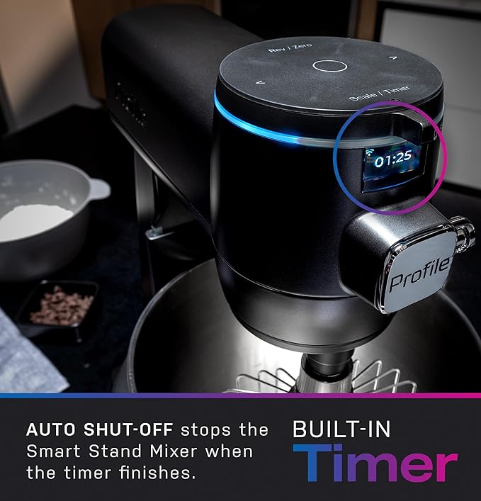 GE Profile Smart Stand Mixer, Built-In Smart Scale & Auto Sense Technology, 7qt Stainless Steel Bowl, 11 Speed, Includes Dough Hook, Beater, 11-Wire Whip, WiFi Connected, Carbon Black