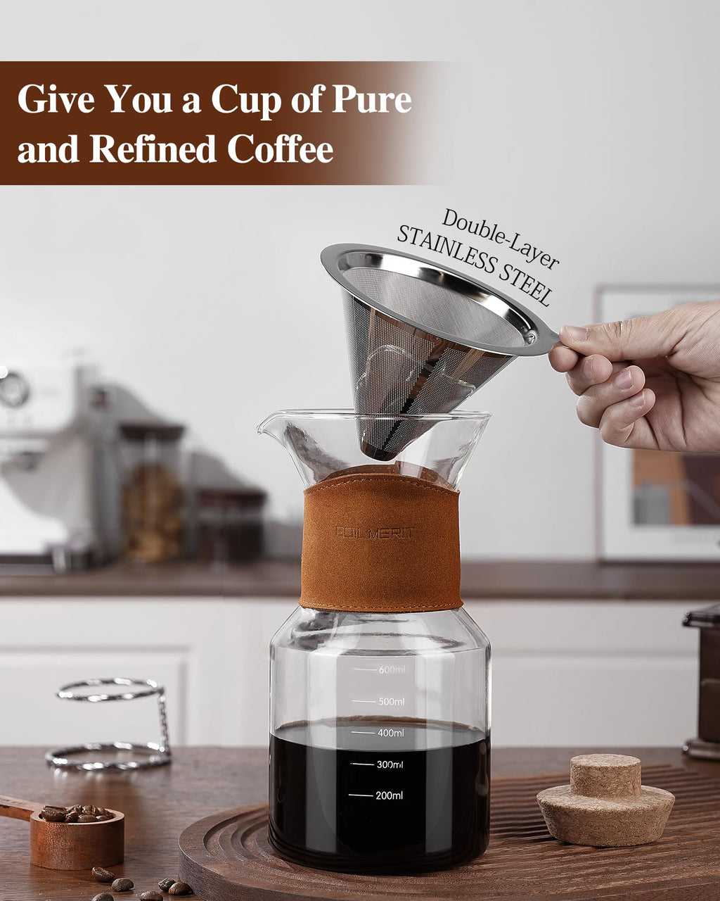 Pour Over Coffee Maker with Double-Layer Stainless Steel Filter, 20 oz Pour Over Coffee Dripper, Glass Carafe with Vintage Leather Collar and Cork Lid & Filter Stand for Espresso
