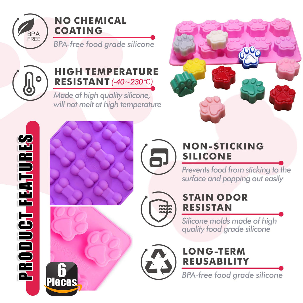 RUGVOMWM Puppy Dog Paw and Bone Silicone Molds for Baking, Non-Stick, Food Grade Silicone, For Chocolate, Candy, Jelly, Ice Cube, Dog Treats Dog Treat Mold - 6 Pack
