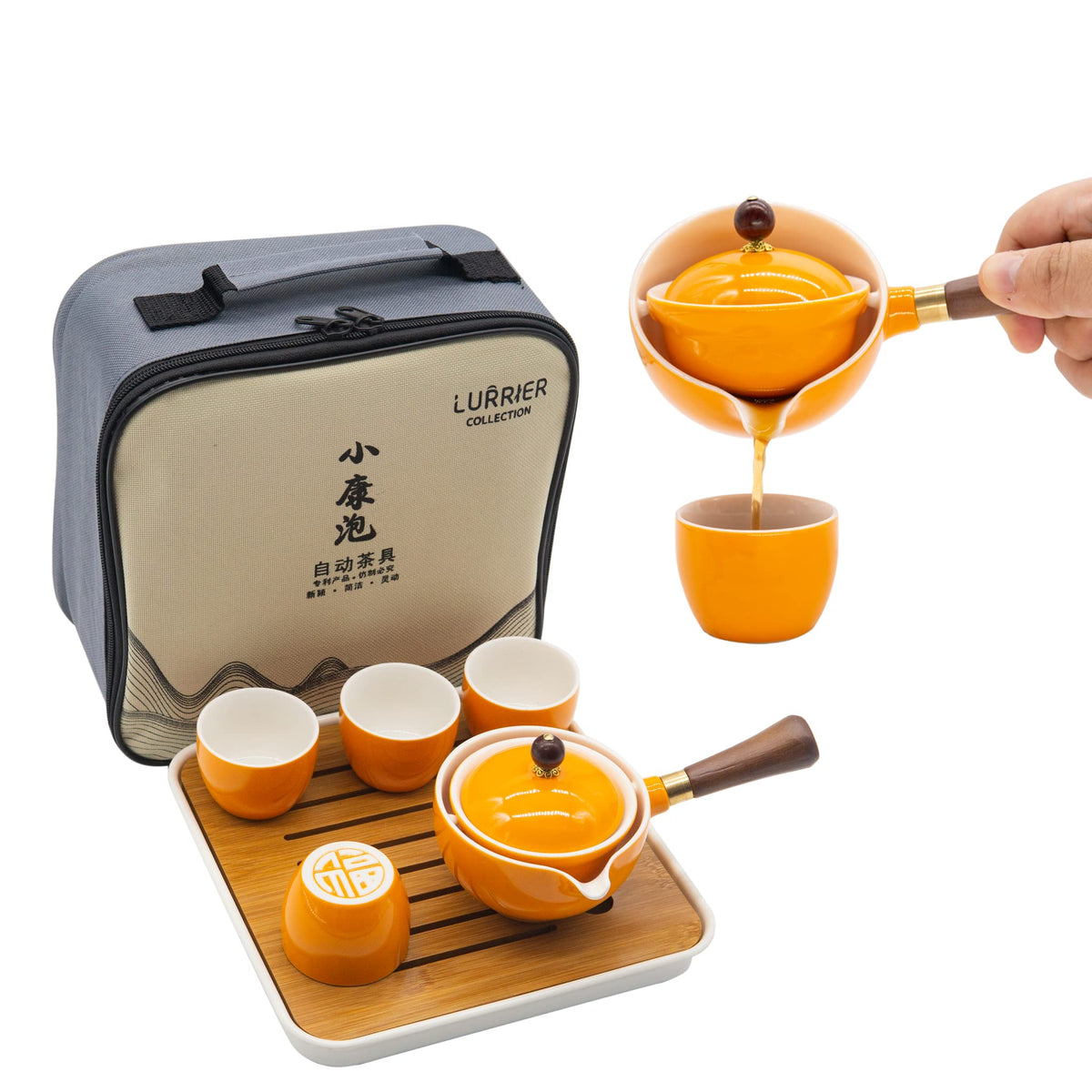 LURRIER Porcelain Chinese Gongfu Tea Set,Portable Teapot Set with 360 Rotation Tea maker and Infuser,Portable All in One Gift Bag for Travel,Home,Gifting,Outdoor and Office (Kitty Cat)