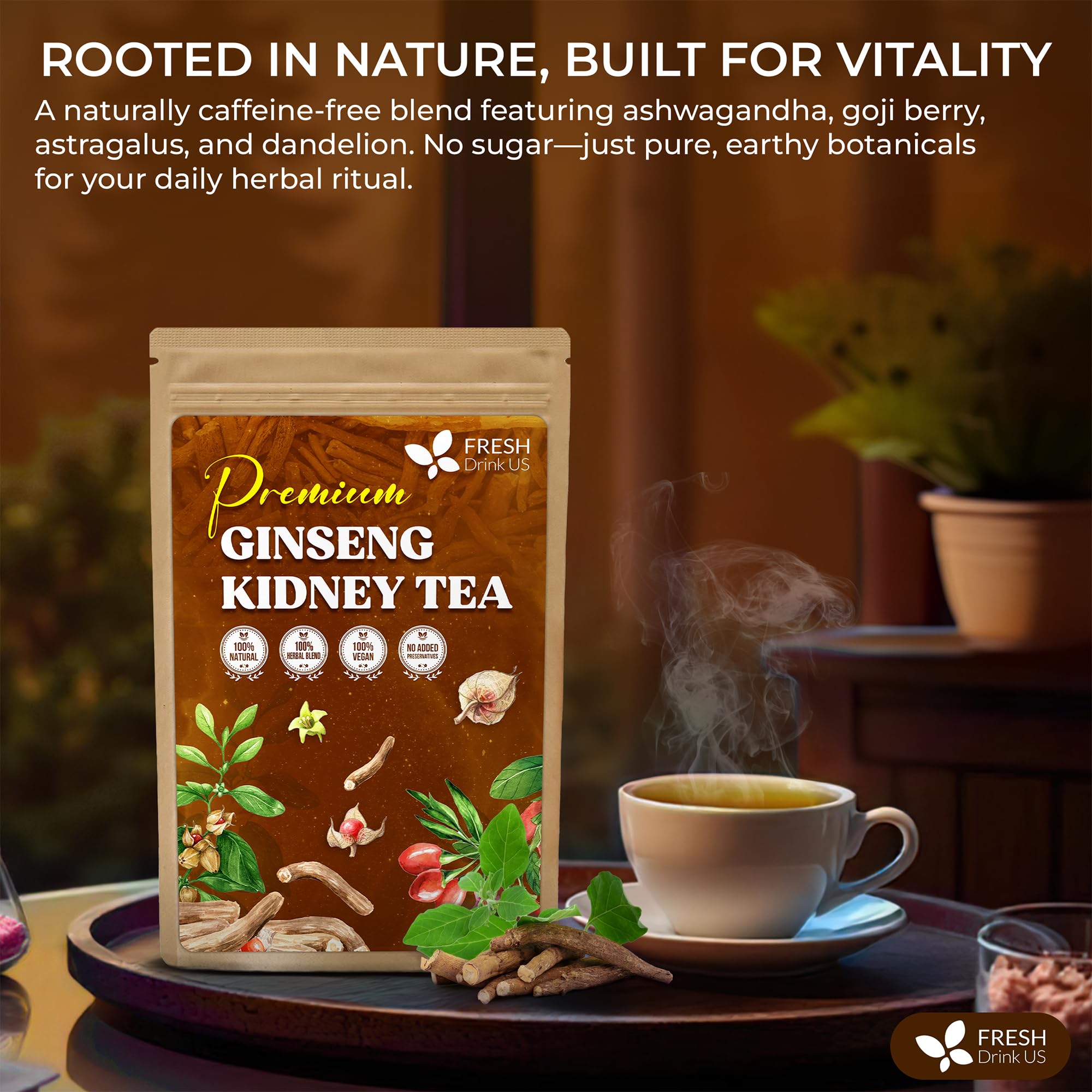 FreshDrinkUS, Ginseng Kidney Tea – 30 Packs of Herbal Detox & Vitality Support | 100% Natural Roots & Berries | Caffeine-Free | Adaptogenic Blend for Energy, Kidney Health, and Wellness