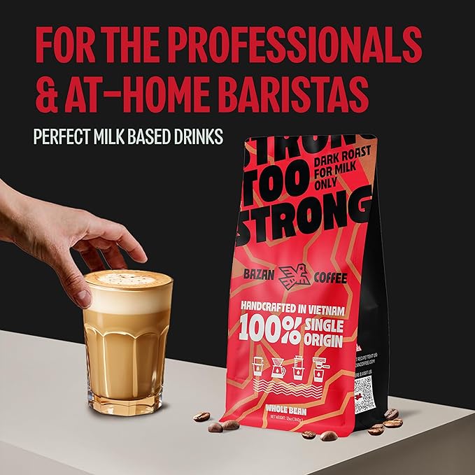 BAZAN COFFEE - Too Strong Robusta Vietnamese Whole Bean Coffee Dark Roast, Single Origin, High Caffeine & Low Acid Coffee, Bold Espresso Beans for Espresso Lovers, Full Bodied Flavor - 12oz bag