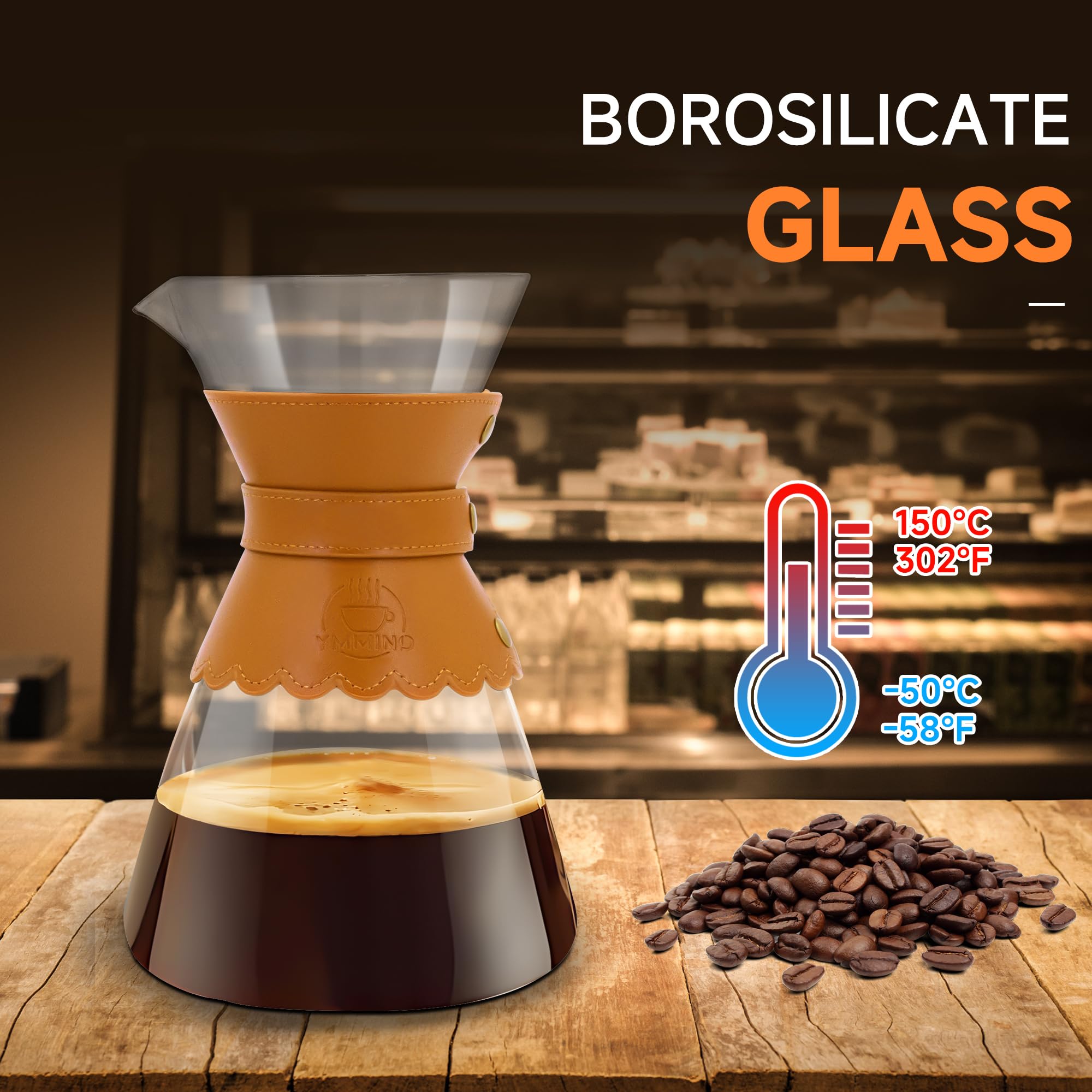 YMMIND 34oz Pour Over Coffee Maker with Double Layer Stainless Steel Filter, Borosilicate Glass Dripper, Detachable Heat-Resistant Leather Pad 7-8 Cups Coffee Maker Carafe（Light brown）