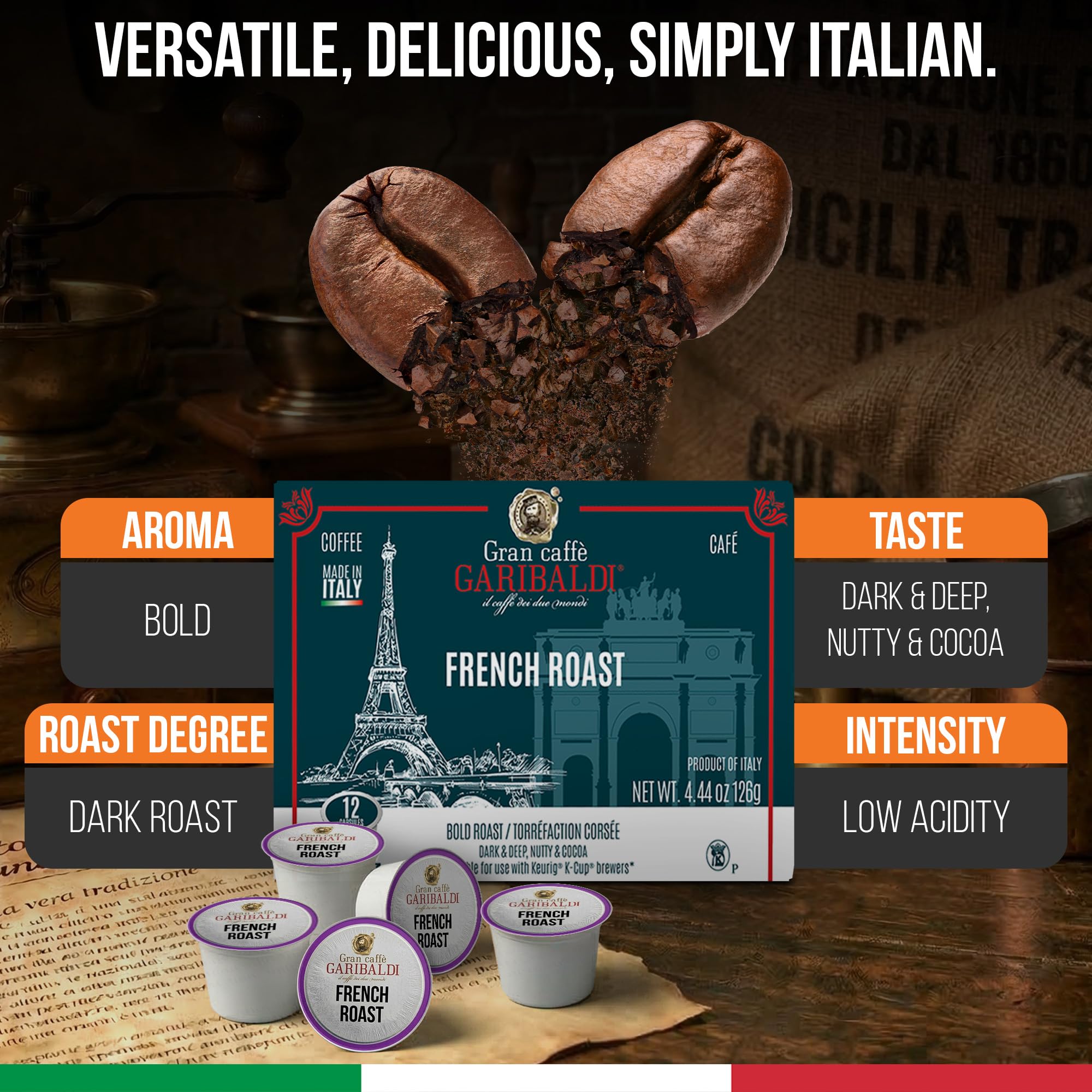Caffè Garibaldi French Roast Coffee Pods, Dark Roast, 12 Count K Cups