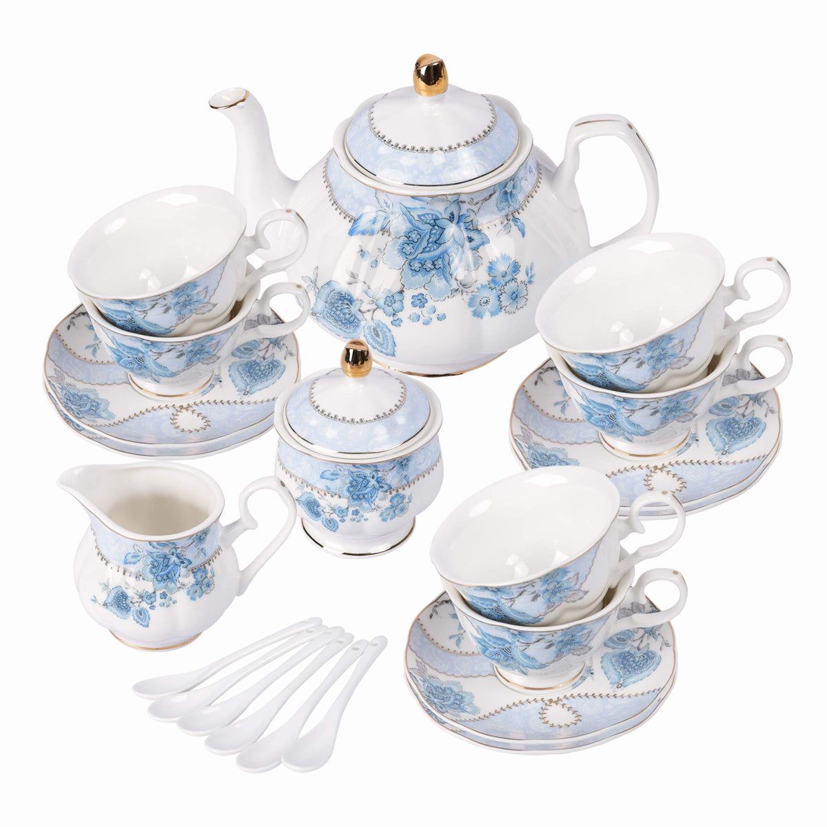 fanquare Blue Flowers Porcelain Tea Set Service for 6