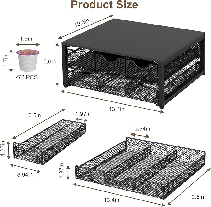 Coffee Pod Holder For Counter, 3 Pull-Out 72 K-Cup Holder Drawer, Wooden Cafe Pods Storage Organizer with Sliding Drawers for Coffee Station, Home, Kitchen, Office, Dorm, Black