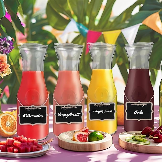Glass Carafe with Acrylic Lid,35 Oz Beverage Dispensers Carafe,Mimosa Bar Supplies,Clear Glass Pitcher with Name Labels for Iced Tea,Coffee,Juice(Set of 2)