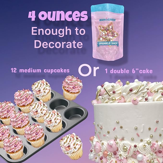 Manvscakes Edible Metallic Sprinkles Mix with Assorted Shapes and Sizes for Parties, Cookies, Ice Cream, Cake and Cupcake Decorating, 4 oz(Rose Gold and Pink)
