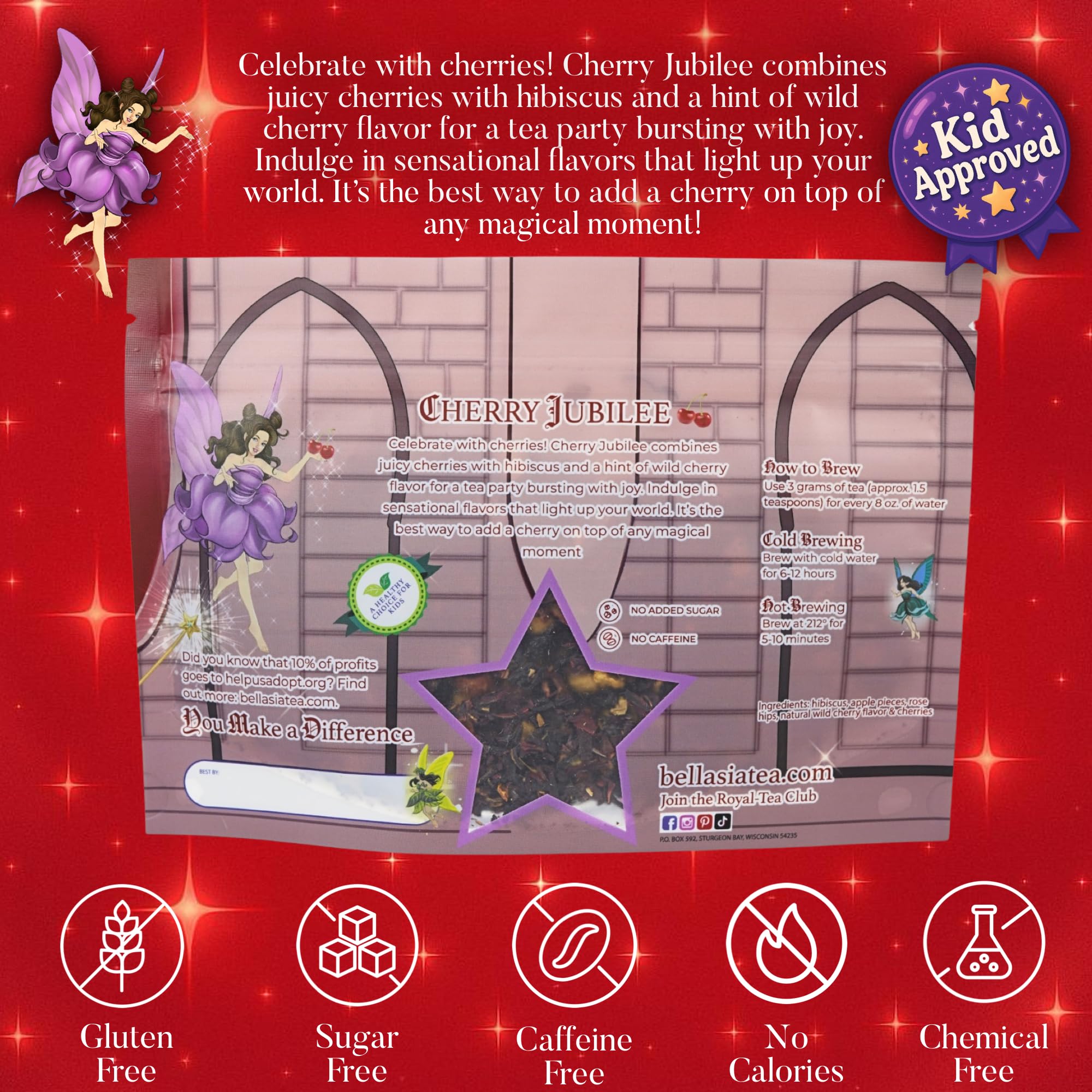 Bellasia Tea Cherry Jubilee for Kids Using Real Fruit Pieces - Caffeine Free Herbal Tea with Real Ingredients & Balanced Flavor- Add Loose Leaf Tea to Your Child’s Routine for A Fun & Tasty Drink