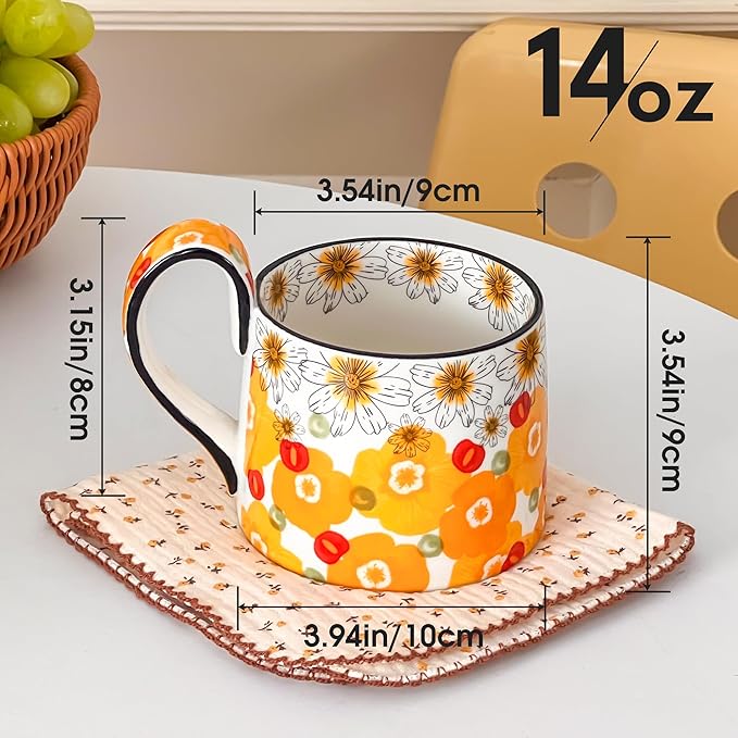 Ceramic Coffee Mug, 12oz Cute Floral Coffee Mugs with Large Handle, Orange Flower Design Stoneware Tea Cup for Office and Home