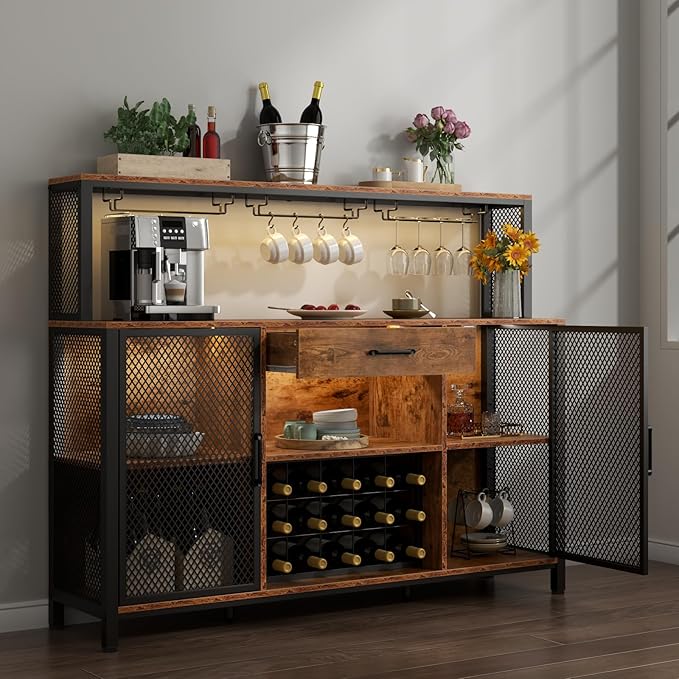 Wine Bar Cabinet with Drawer and LED Lights, 55 Inches Industry Coffee Bar Cabinet with Wine Rack and Glass Goblet Holder, Kitchen Sideboard Buffet Cabinet for Liquor and Goblet