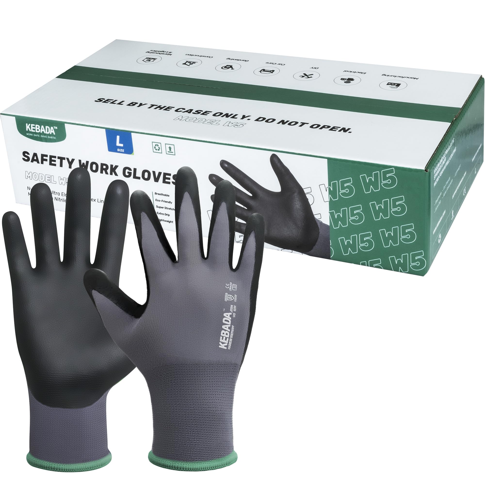 Kebada W5 Foam Nitrile Coated Work Gloves for Men Women, 60 Pairs Bulk Pack