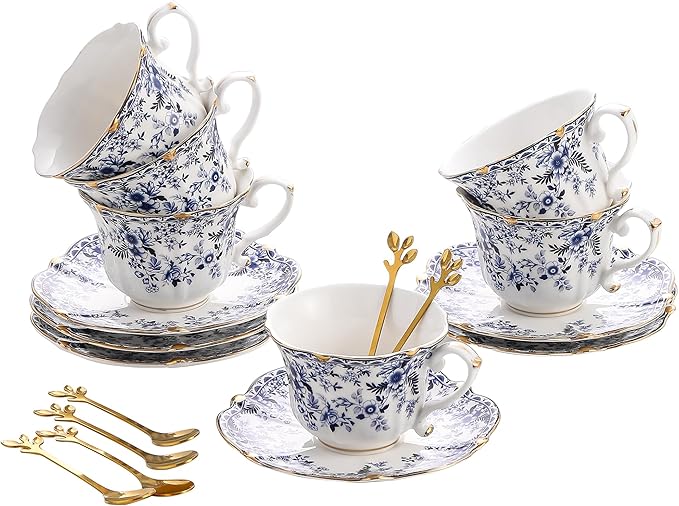TATSUMI Country Roses 18 Peices Bone China Tea Cup And Saucer Set, English Vintage Tea Cups Of 6 For Women And Tea Party Sets