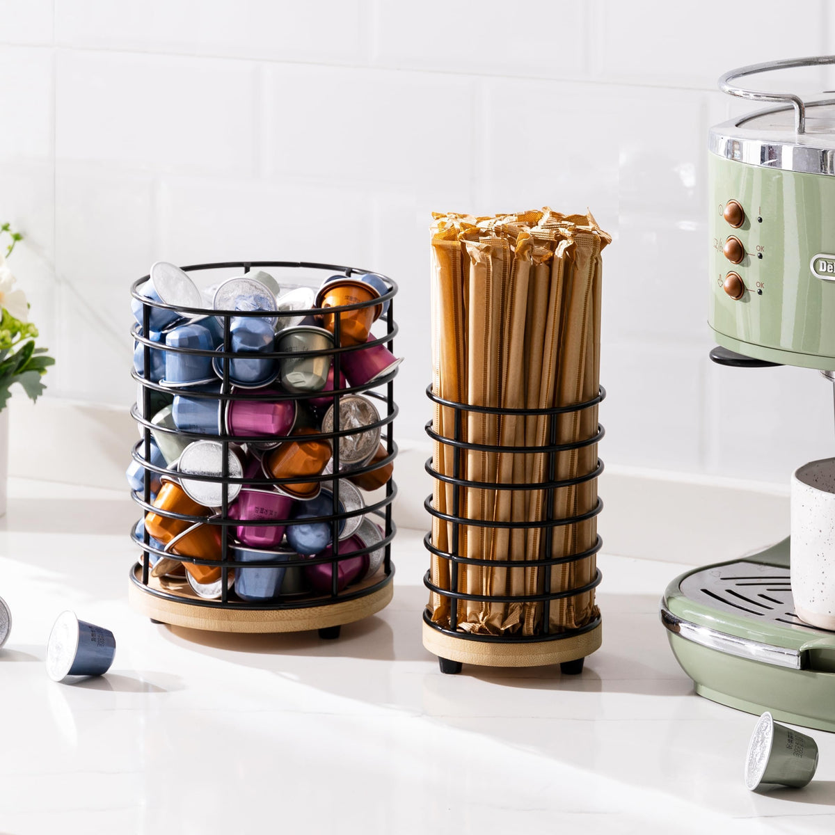 HBlife Coffee Pod Holder & Coffee Stirrers Holder Set, Metal and Wooden Coffee Bar Accessories Large Capacity Kitchen Counter Decor for Keurig K cup & Nespresso Vertuo (Black Wire)