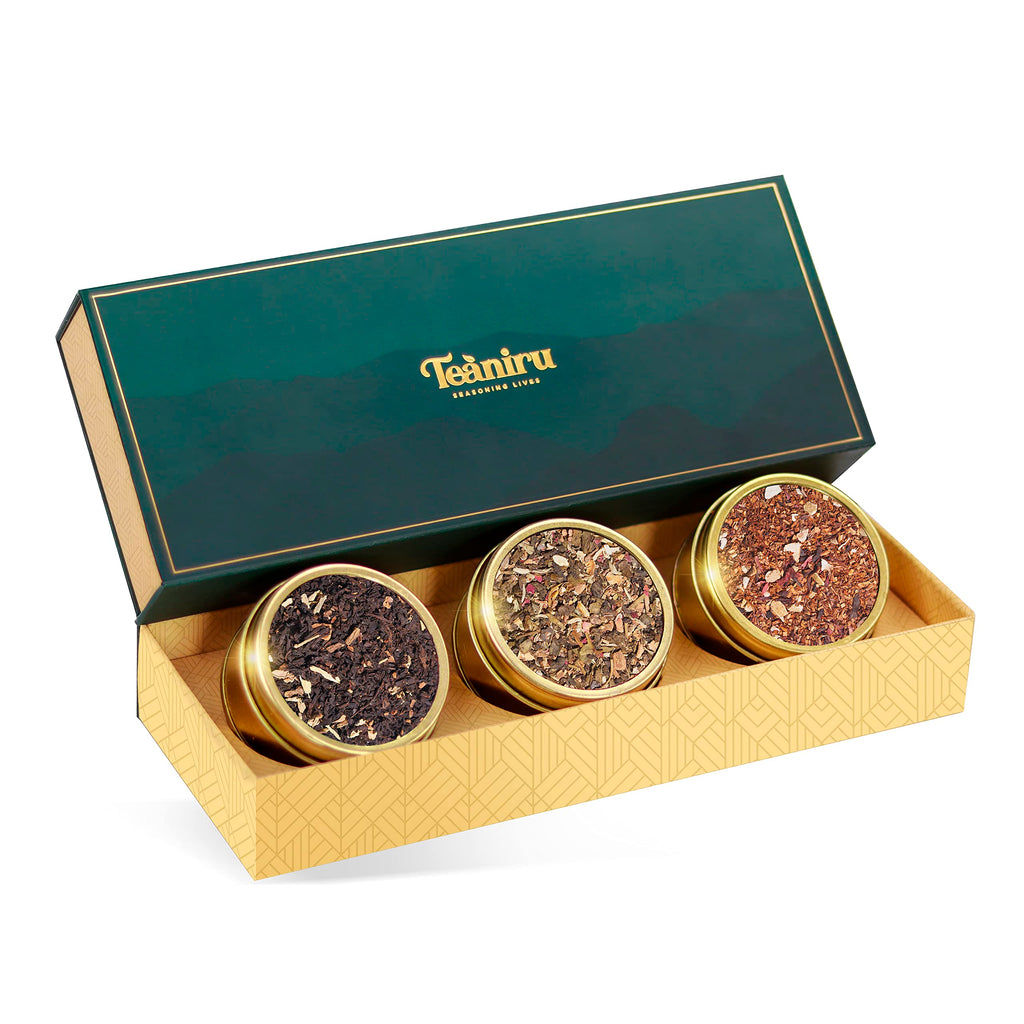Teaniru, Grandeur Tea Collection | 3 Loose Leaf Tea Sampler | Variety Pack Assortment of Green, Herbal & Black Tea | Gluten Free & Sugar Free | Gift Set for Men & Women | Thanks Giving