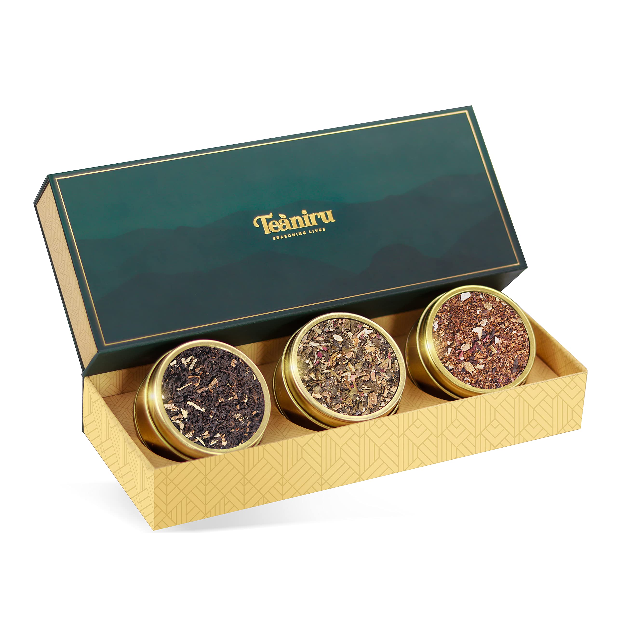 Teaniru, Grandeur Tea Collection | 3 Loose Leaf Tea Sampler | Variety Pack Assortment of Green, Herbal & Black Tea | Gluten Free & Sugar Free | Gift Set for Men & Women | Thanks Giving