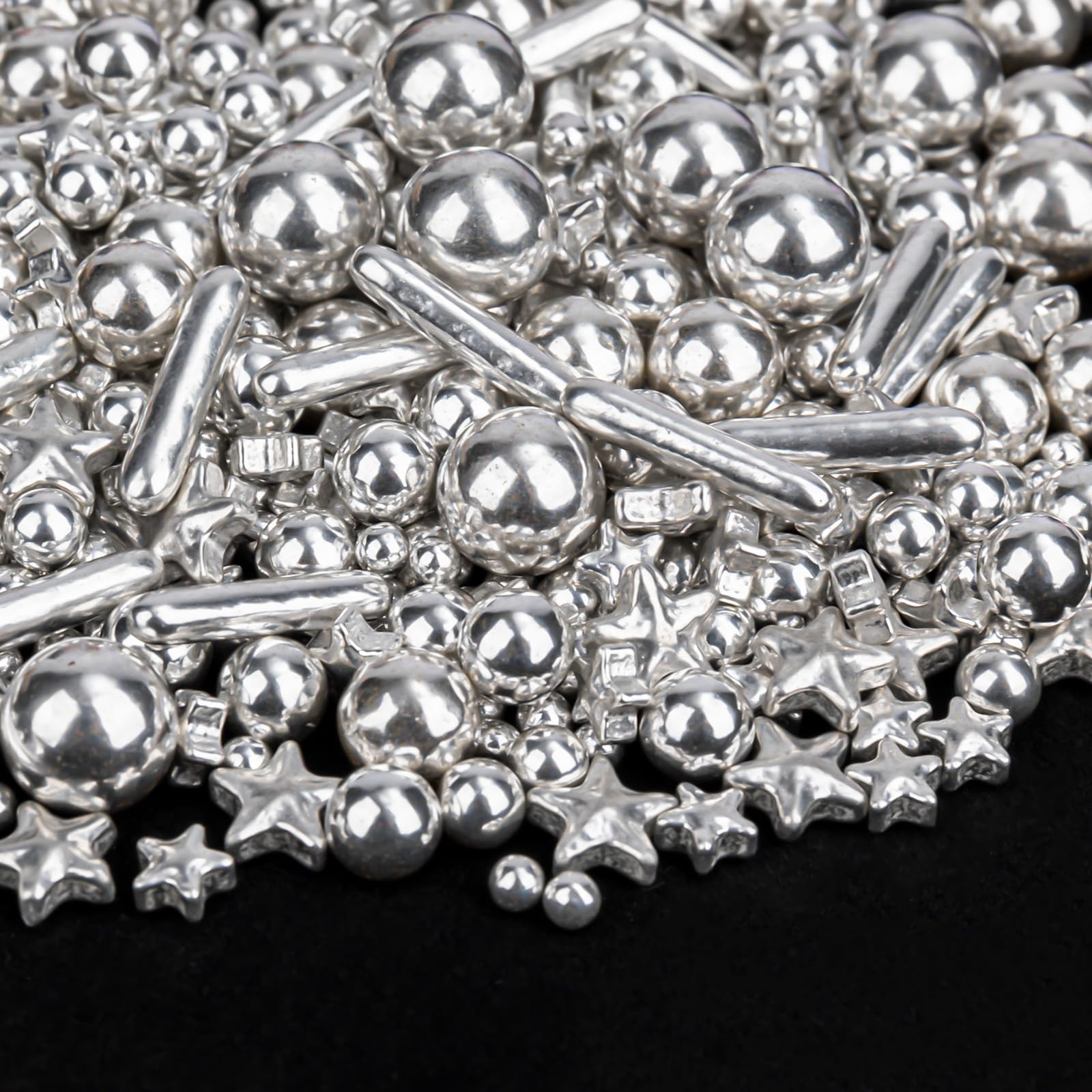 Twisweet Silver Pearl Rods Star Sprinkles, Edible Sugar Sprinkles for Cake Decorating, Mix Size Candy Pearls for Baking Cake Topper Ice Cream Cupcake Cookie Dessert Decorations, Wedding Valentines Birthday Christmas Easter Supplies (130g/4.58oz)