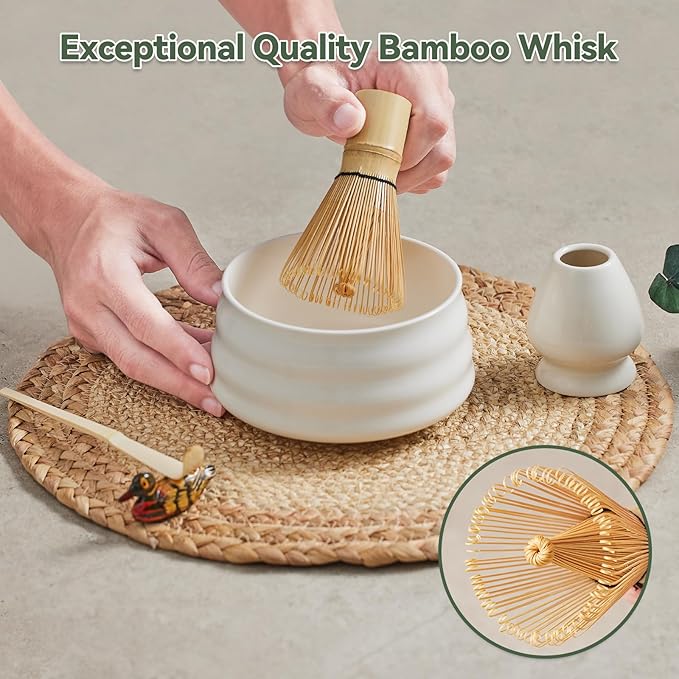 Japanese matcha set, matcha whisk and bowl, matcha sieve, matcha whisk holder, and matcha spoon - 8pcs Matcha Set (white)
