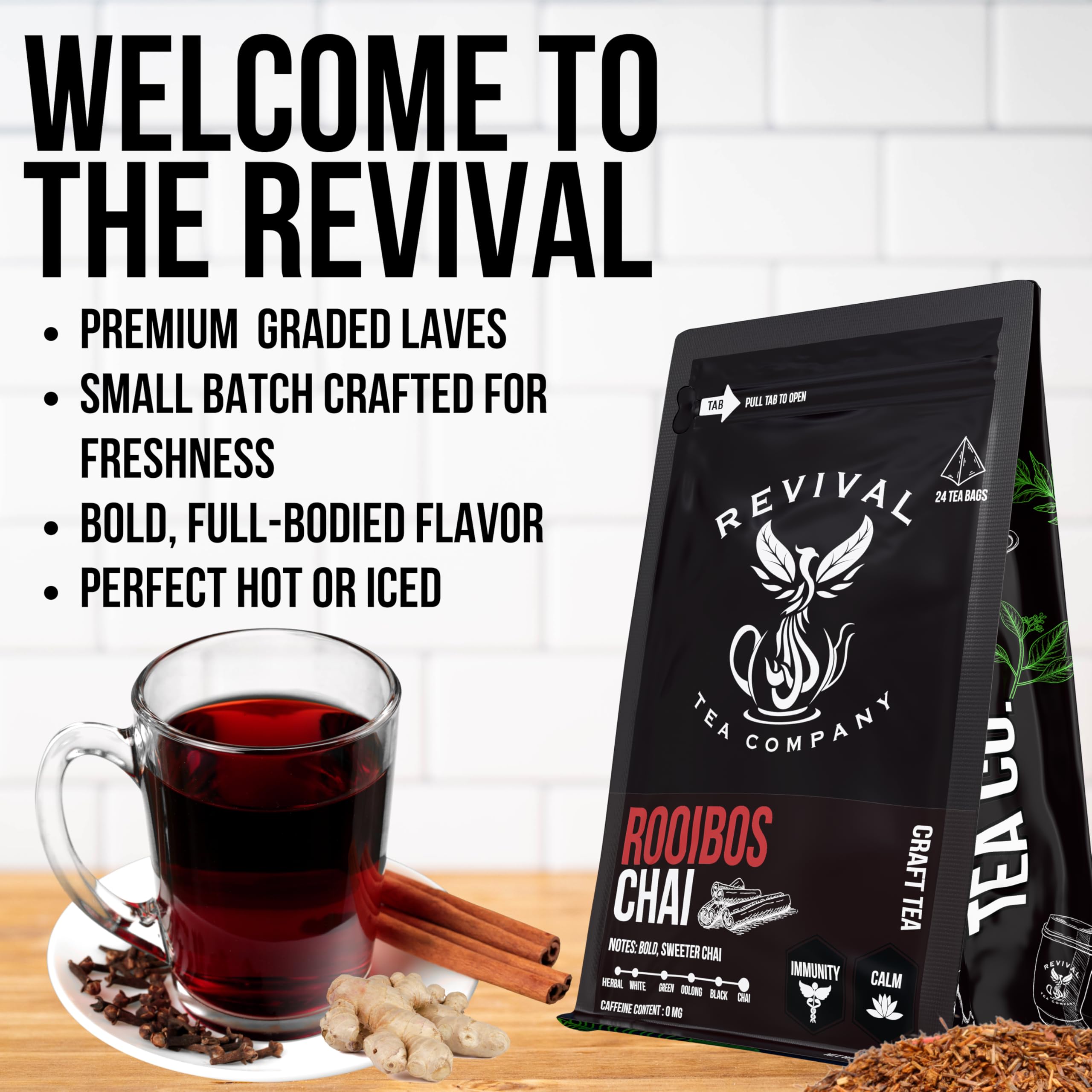 Revival Tea Company Rooibos Chai Tea - Rooibos Red Tea Blend with Fresh Spiced Chai Flavor - Caffeine Free - 24 Tea Bags